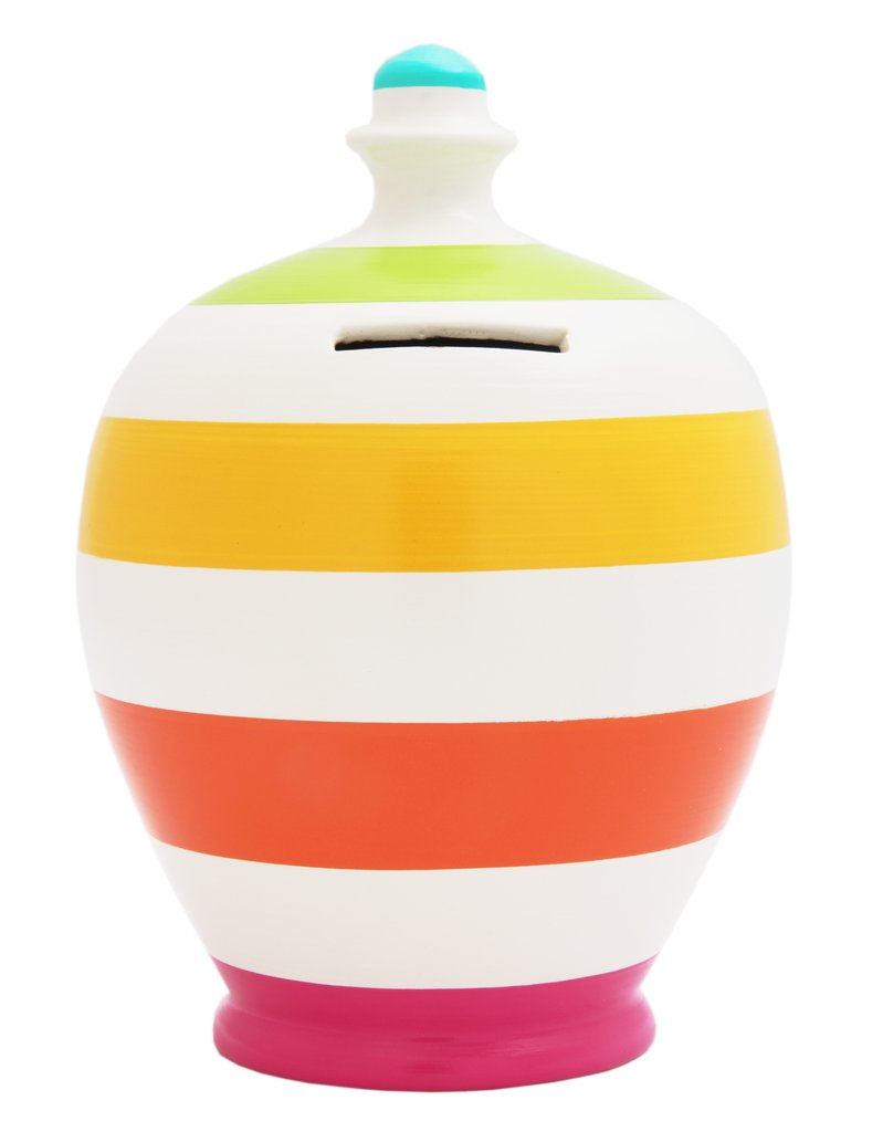 Money Pot (white with pink/orange/yellow/lime & pale blue stripes)